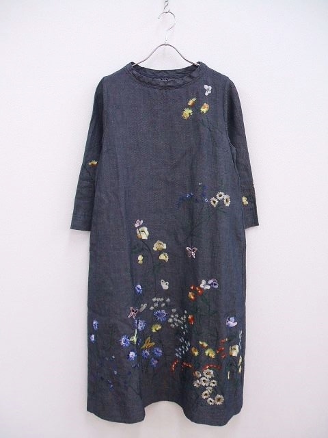 独特な 45R 綿麻 ざっくりデニムの刺繍ドレス ワンピース サイズ3 
