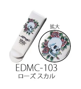 新品『Ed Hardy エドハーディー』マネークリップ EDMC-103(ローズ スカル) オリジナル巾着付き ステンレス製 サイズS 価格￥2,980+税／財布