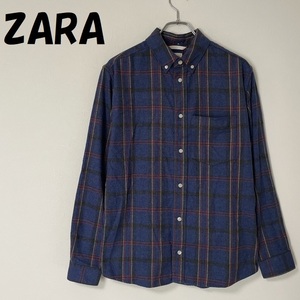 【人気】ZARA/ザラ RELAXED FIT 胸ポケット付き厚手長袖シャツ チェック柄 ブルー系 サイズS/A3979