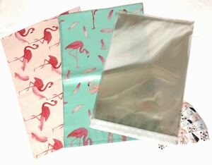 フラミンゴ柄 配送用ビニール袋 A4 OPP袋テープ付き サンキューシール 21枚セット グリーン19枚 ピンク2枚