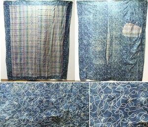 変り絵柄型染と縞 藍染時代木綿の布 襤褸ボロ 0905N3r