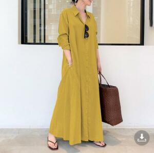 [ including in a package 1 ten thousand jpy free shipping ] spring new work plain casual easy large size long sleeve maxi long shirt One-piece yellow 