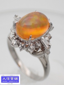 PT900 platinum diamond fire opal ring 2.22ct D0.38ct 14 number 6.6g used A- [ free shipping ] C-8407