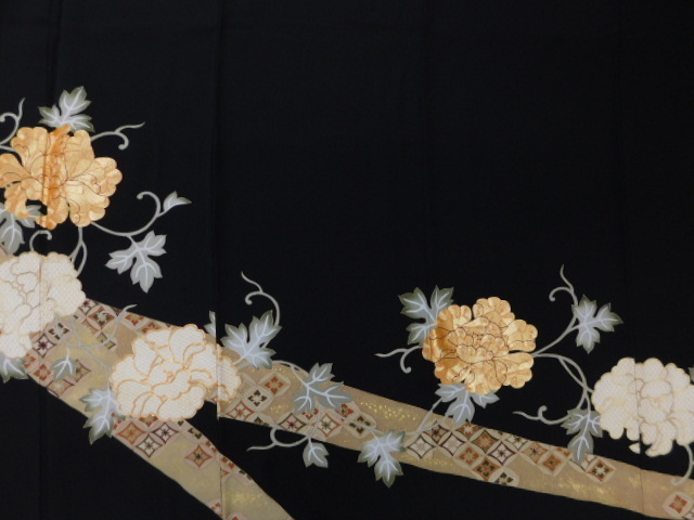 [Rakufu] P14002 Heavy hand-painted Yuzen black tomesode sash c, fashion, women's kimono, kimono, Tomesode