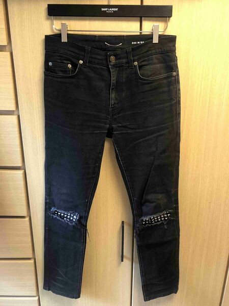 国内正規 17SS SAINT LAURENT PARIS サンローラン パリ エディ期 スキニー ダメージ ニークラッシュ スタッズ デニム 黒 30 456693 Y869L