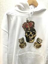 ◎90's 未使用【Knockout jeans】HOODIE size:L White KING Scull Money $ パーカー HIPHOP rapper LA gangsta lowrider biker Chicano_画像3