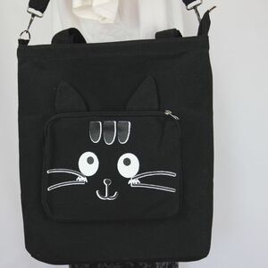★黒猫トートバッグ ねこショルダーバッグ キャンバス ネコ柄 ファスナー 黒地 軽量 普段使い レディース メンズ キッズ BA39