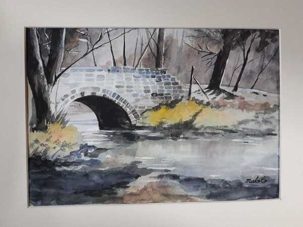 水彩画 森の石積橋
