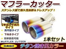 【送料無料】 汎用 マフラーカッター チタン焼き 真円型 下向き デュアル 2本出し ボルト付き 1本セット 後付け リアパーツ マフラー_画像1