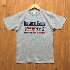 ■NATURE CAMP Tシャツ■ Lサイズ（グレ－xネイビーxレッド）　キャンプ　アウトドア　ランタン　バーベキュ－　BBQ　キャンプ用品