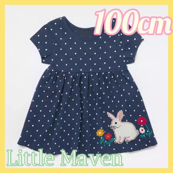 新品 未使用 ワンピース チュニック 100 ベビー キッズ 子供服 ドット 紺 うさぎ 春 綿 Little Maven 半袖