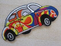 ビートル 緑 グリーン ピース 花柄 自動車 刺繍 サイケ ワッペン /アメリカ 70s USA パッチ カスタム 企業 ワーゲン ヒッピー 528_画像2