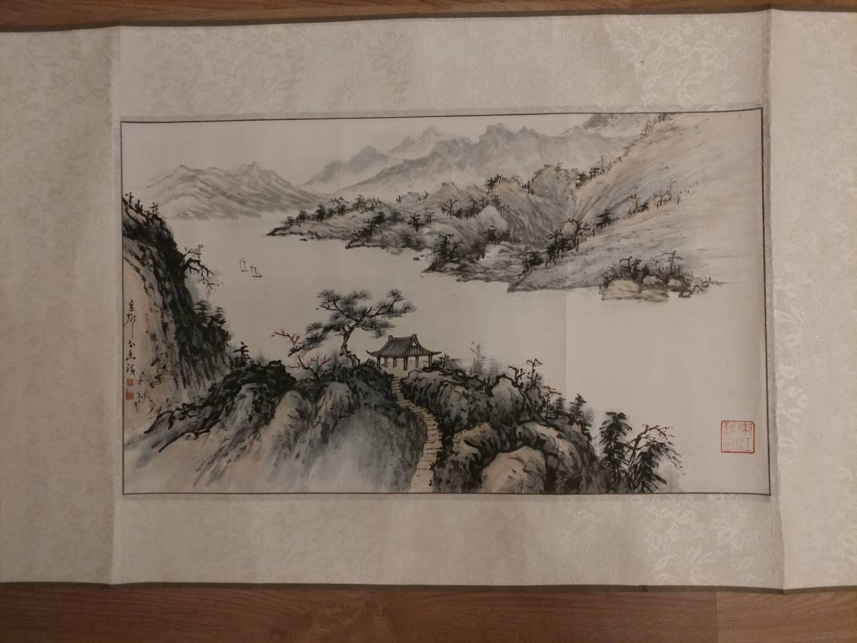 [Genuine] [Hakuho] Shan-Sui by Xiao Lisheng, guaranteed to be authentic, Chinese calligraphy and painting (hand-painted Makuri: painted work) with colored paper - Kagamishin, Painting, Japanese painting, Landscape, Wind and moon