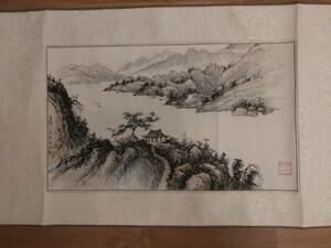 【真作】【博宝】〈蕭立声〉『山水』 本物保証　中国書画（肉筆マクリ：描かれた物）設色紙本‐鏡心