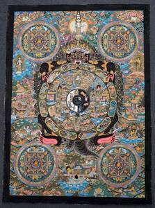 タンカ 六道輪廻図 絵サイズ約77×56cm 肉筆 細密画 チベット密教 仏教美術 仏画 曼荼羅中国古美術 布本 手彩色