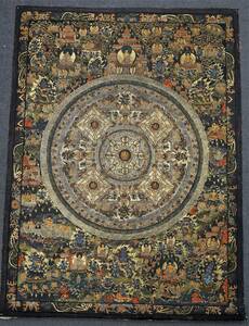 タンカ 釈迦陀如来曼荼羅 絵サイズ約78×59cm 肉筆 細密画 チベット密教 仏教美術 仏画 曼荼羅中国古美術 布本 手彩色