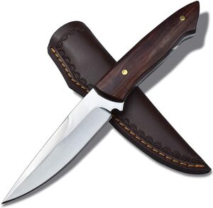 【新品 送料無料】AUBEY シースナイフ アウトドア ナイフ 鏡面仕上げ ステンレス ローズウッドでのハンドル キャンプ バーベキュー 登山用