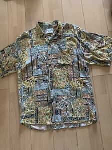 ビンテージ 【marc daniels】レーヨン 半袖シャツ 総柄shirt 紙タグ レーヨン素材 Large USA製? ダメージ有り