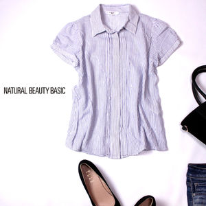 ☆☆ 美品 NATURAL BEAUTY BASIC ナチュラルビューティーベーシック ☆☆ 大人可愛い ストライプ柄 コットンシャツ S 春 夏 21C08