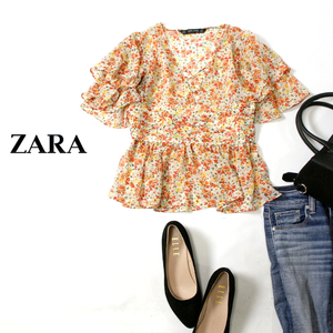 美品 ザラ ベーシック コレクション ZARA BASIC COLLECTION 可愛い 花柄 段フリル フレアスリーブ シフォン カットソー XS 夏 20D08