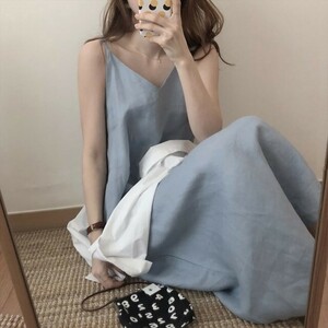 [ブルー] レディース リネン ロング キャミ ワンピース ノースリーブ 無地 カジュアル ゆったり 体型カバー 春夏秋 ドレス