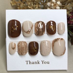 ネイルチップ 秋ネイル ブラウン アイボリー ミラー ニュアンスネイル 韓国