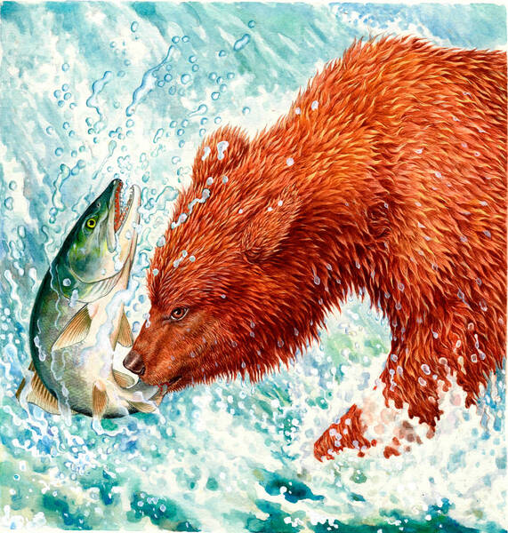 水彩画 生物細密画「エゾヒグマ」 真作