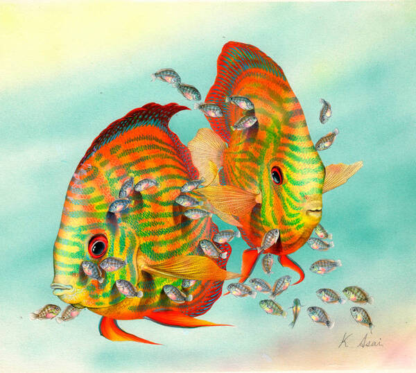 水彩画 生物細密画「ディスカスの子育て」 真作