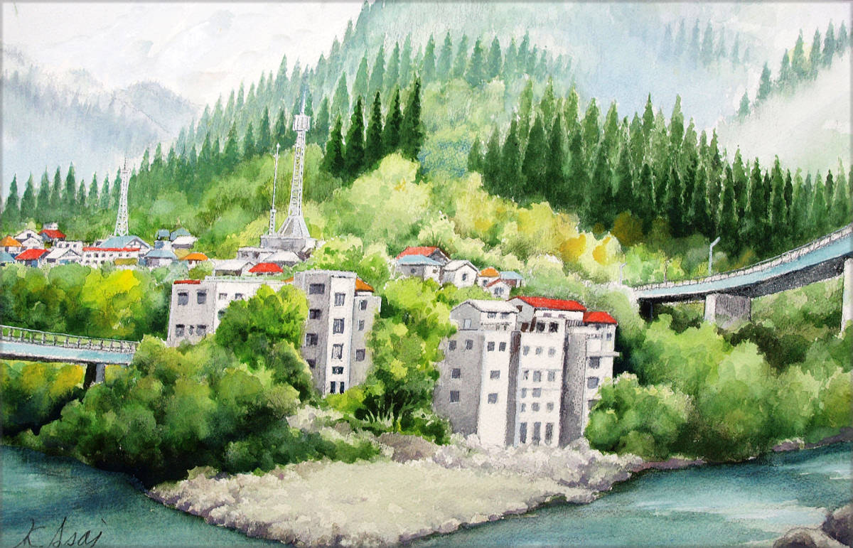 水彩画｢霧晴れてー飛騨川の清流｣真作, 絵画, 水彩, 自然, 風景画
