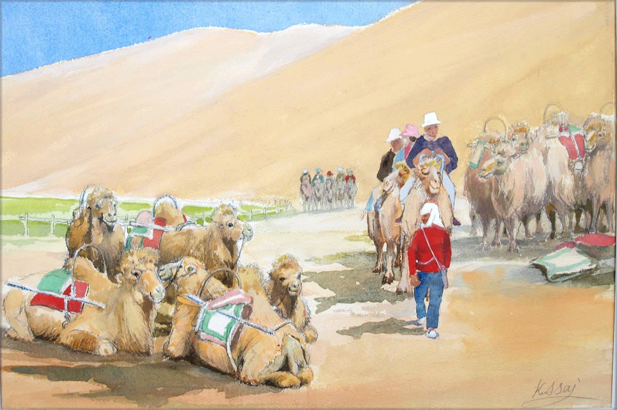 Peinture à l'aquarelle Route de la Soie : Chameaux sur les montagnes de sable, Peinture, aquarelle, Nature, Peinture de paysage