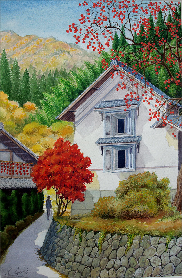 Watercolor painting Rukoro Kakinomi - Shirakabe Dozo, painting, watercolor, Nature, Landscape painting