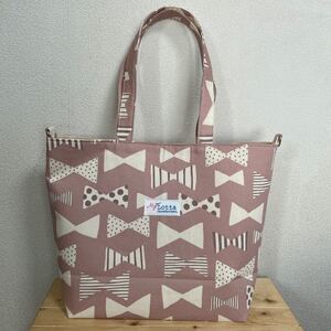 ハンドメイド 肩掛けトートバッグ 手作りトートバッグ リボン柄 可愛い
