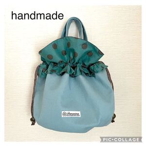 ハンドメイドトートバッグ★巾着フリルコロンとしたオーバル底ブルー帆布