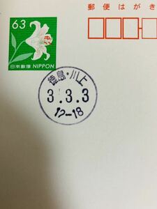 ★徳島・川上郵便局令和3並びの日 和文印押印はがきR3.3.3★郵趣 官白 3ゾロ目 徳島県海部郡海陽町 63円普通郵便はがきヤマユリ