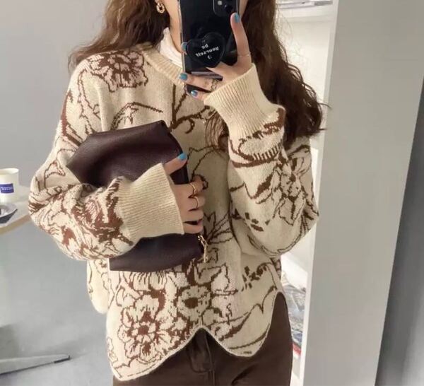 数量限定!韓国ファッション フローラルプリントデザイン長袖ニットセーター ベージュ色