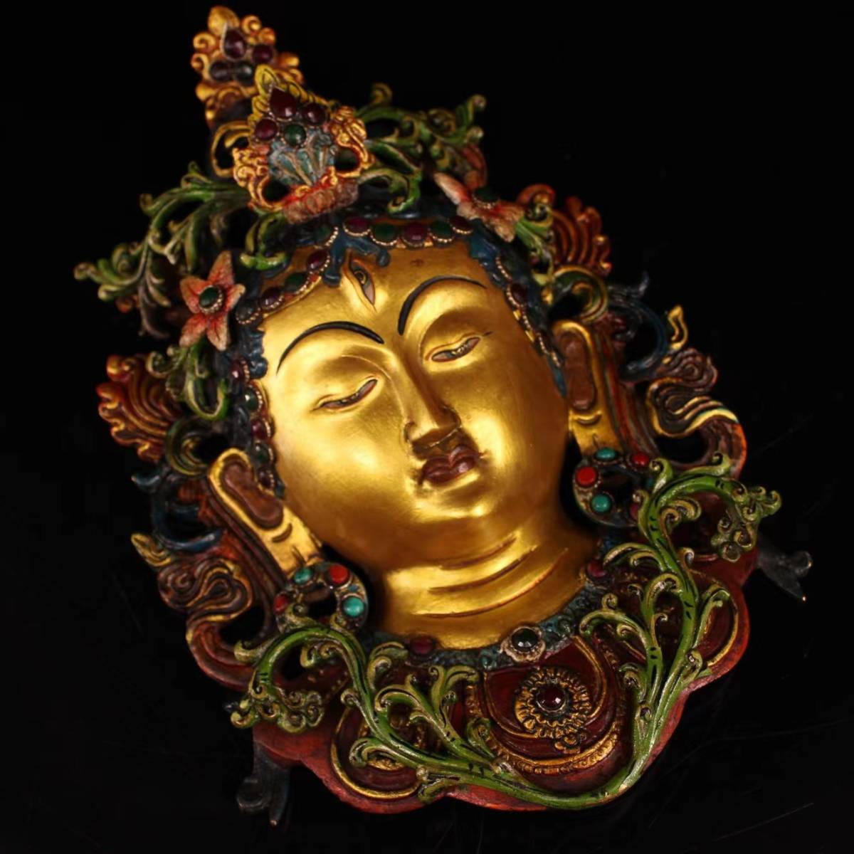 『清・仏教古美術・古銅彫・宝石嵌・彩絵描金度母面具』極細工・骨董品・古賞物・中国古玩・中国古美術