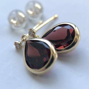 K18YG 3.60ct 大粒 ガーネット ダイヤ ピアス スタッド 天然 gold garnet diamond earrings