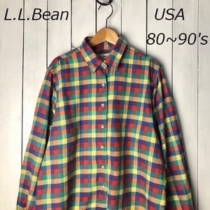 sh●296 USA古着 80s～90s USA製 L.L.Bean チェックコットンシャツ 20 オールド ヴィンテージ L.L.ビーン アメリカ古着 L～XL程度　長袖