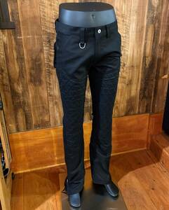 【SKULL FLIGHT】W31　“パッド入”Wニー　レザーフラップ　ブラックSS PANTS type5　ストレッチブーツカット　スカルフライト