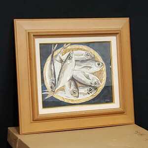Art hand Auction [120I498] Horse mackerel, fish, oil painting, interior, oil painting, framed, still life, frame size: width 43cm, height 38cm, Painting, Oil painting, Still life