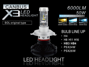 日産 ブルーバードシルフィ プリメーラ カミノ ヘッドライト SOLオリジナル X3 LEDバルブ HB4 3000 6500 8000K キャンセラー付