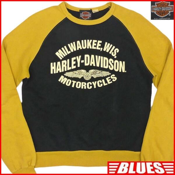 即決★HARLEY DAVIDSON★メンズM スウェット ハーレーダビッドソン 黒 からし色 黄 マスタード カットソー 長袖シャツ Tシャツ