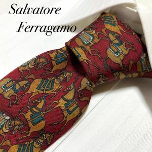 Salvatore Ferragamo フェラガモ 赤 馬 総柄 シルク ネクタイ