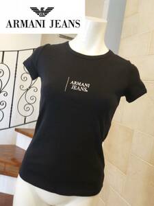 美品 ARMANI JEANS (アルマーニジーンズ) ★黒　しっかり生地　ロゴプリント　半袖　Tシャツ　38　S相当