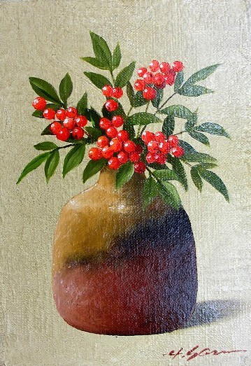 Oil painting, Western painting (can be delivered with oil painting frame) F6 size Nandina Hideaki Yasuda, Painting, Oil painting, Still life