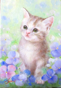 油彩画 洋画 (油絵額縁付きで納品対応可) F3号 「子猫３」 星野 歩