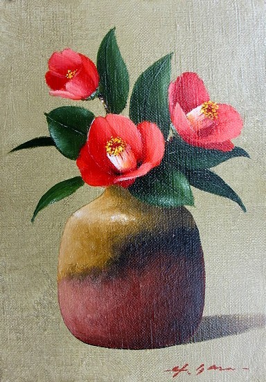 Oil painting, Western painting (delivery available with oil painting frame) P15 size Camellia Hideaki Yasuda, Painting, Oil painting, Still life