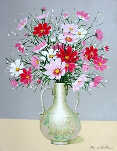 油彩画 洋画 (油絵額縁付きで納品対応可) SM 「秋桜」 千賀 節子