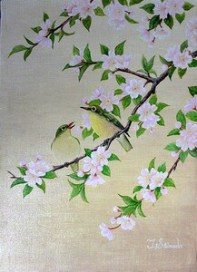 Art hand Auction Pintura al óleo, Cuadro occidental (se puede entregar con marco de pintura al óleo) Tamaño F3 Flores de cerezo y Tsunehiko Shimada de ojos blancos, Cuadro, Pintura al óleo, Cuadros de animales