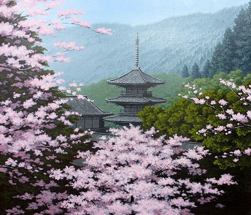 油彩画 洋画 (油絵額縁付きで納品対応可) F6 ｢三重の塔に桜｣ 朝隈 敏彦, 絵画, 油彩, 自然, 風景画